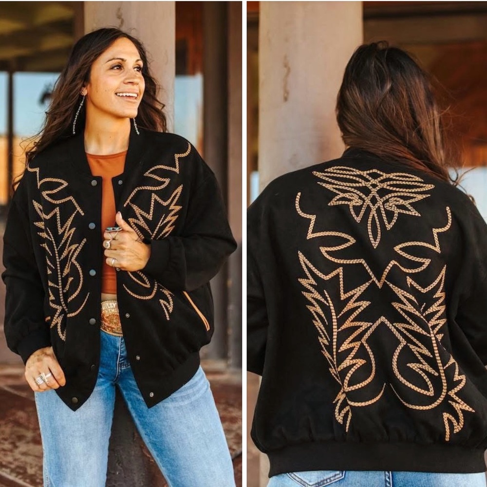 Lucky & Blessed Western Black Bomber Jacket With Boot stitch embroidery